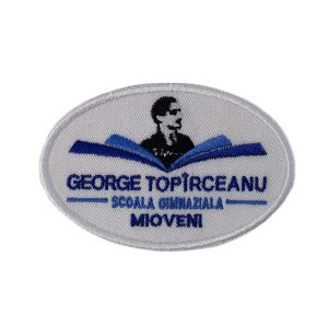 emblema Școala George Topârceanu Mioveni, ecuson uniformă școlară, emblema brodată școală Mioveni, uniformă elevi Argeș, insignă brodată oficială